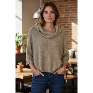 Chicos Cowl Neck Sweater Sparkle Sequins Knit 3/4 Sleeve Taupe Festive Holiday